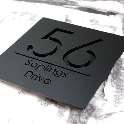 K Smart Sign | Bellissima S1 F31 | 180mm x 180mm | Acrylic 3d Laser Cut Contemporary house sign door number plaque address signs with Mirror and Marble Numbers (Matt Black & Gloss Black)