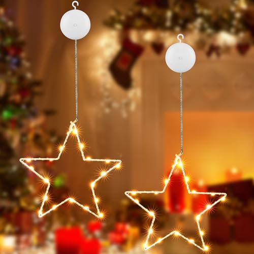 Joomer 2 Stück LED Sterne Weihnachtsbeleuchtung, 8 Modi Fenster Deko Lichterkette Batteriebetrieben Timer mit Saugnäpfe, 20 LED Weihnachtsstern Innen für Balkon Hochzeit Party, Warmweiß