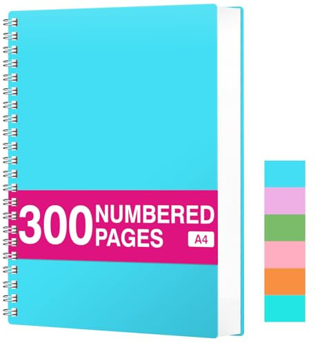 RETTACY Notizblock A4 Kariert, Spiralblock Notizbuch 100gsm mit 300 Seiten/150 Blatt zum Zeichnen, Kunststoff PVC Hardcover, zum Tagebuch, College,Konferenz, Reise, 21.5 x 27.9cm -Blau