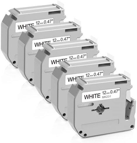 Aken 5 x M-K231 12mm 0.47 Schriftband Kompatibel mit Brother MK-231 | M-K231S Schwarz auf Weiß Bänder Kompatibel mit Brother PT-M95 PT-65 PT-60 PT-90 PT-55 PT-70BM PT-75 PT-85 PT-BB4