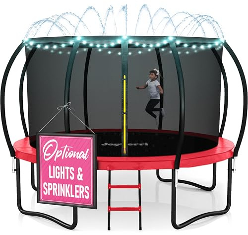 JoyBerri Upsurge Trampoline Outdoor - ASTM Certified Safe 8Ft 10Ft 12Ft 14Ft 15Ft 16Ft Recreational Trampoline for Kids and Adults. Anti-Rust Coating with Enclosure Net, Ladder, Sprinkler & LED Lights