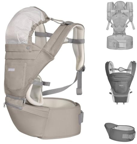 Kikkaboo Babytrage Chloe 3 in 1 Bauch- und Rückentrage, Hüftsitz, ab 5 Monaten, Farbe:beige