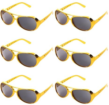 Lezevn 6pcs Gold Elvis Brille Gold Rockstar Stil Brille 50er Jahre Hippie Brille für Cosplay Kostüm Halloween Karneval Mottoparty