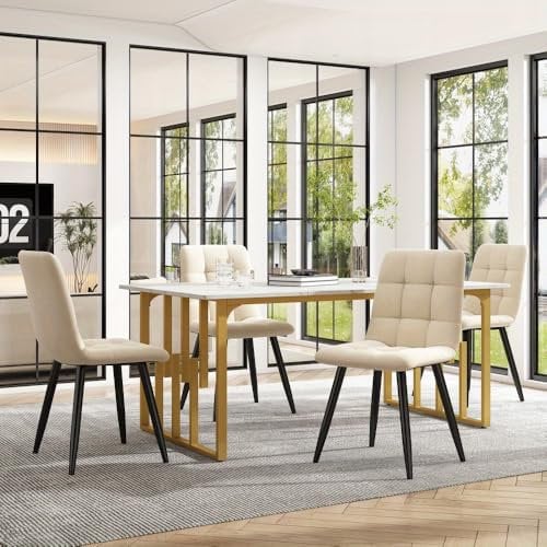 OCACA 140 x 80cm Esstisch, (1-St), Küchentisch, Einzigartig Gestell aus MetallRechteckiger Esstisch aus Moderner Marmormuster Küchentisch mit verstellbaren Füßen für Esszimmer Wohnzimmer, Weiß/Golden