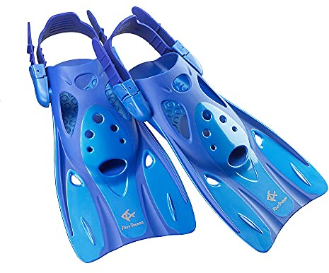 Reef Tourer Snorkel Fins for Kids and Adults, Adjustable Open Heel, Compact Short Blade Swimming Snorkeling Flippers, Travel Size, RF0106P (Blue, Large)