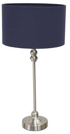ValueLights | Brushed Chrome Metal Candlestick Table Lamp with Navy Blue Fabric Drum Shade Bedside Light | Table Lamps, Home Décor & Improvement Essential | Included LED Bulb