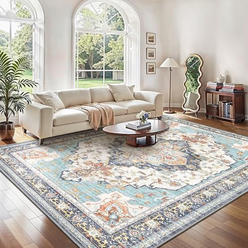 GENIMO Vintage Teppich Wohnzimm 160x230CM Teppich Schlafzimmer Waschbare Kurzflor rutschfest Boho Carpet, Cyan