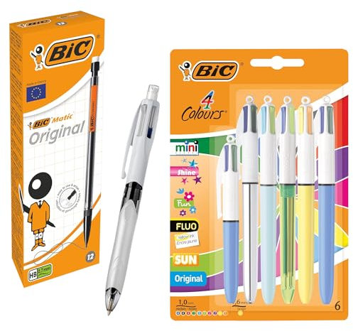 BIC Lot de 12 porte-mines Matic et stylo à bille BIC 4 couleurs avec mine 1HB et BIC 4 couleurs assorties Lot de 6 stylos à bille premium pour l'école, le bureau et les projets créatifs