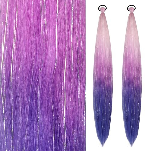 2 Stück Bunte Haarsträhnen zum Einflechten für Kinder Mädchen | 26in Haarschmuck Zopf Extension mit Haargummi, Flechtsträhnen Damen, für Party Festival Karneval Deko