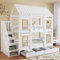 FEZTOY Kinderbett Etagenbett 90 x 200, Hausbett für 2 Kinder, Hochbett mit Lattenrost, Treppe mit 4 Ablagefächern, Rausfallschutz, Zwei Schubladen mit Rollen, Baumhaus Bett mit Fenster und Dach