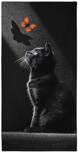YISUMEI Schwarze Katze Strandtuch XXL 180x90cm - Schnelltrocknendes Mikrofaserhandtuch mit Tasche, Saugstark Sandfrei - Leichtes Reisehandtuch für Strand, Pool