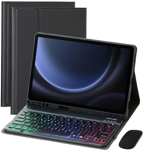 VLEAQC Custodia con Tastiera per Samsung Galaxy Tab S10 Fe 2025/S9 Fe 10,9″ e Tab S9 11″ 2023, Tastiera Bluetooth retroilluminata Staccabile con Mouse, Cover Folio con portapenna,Nero