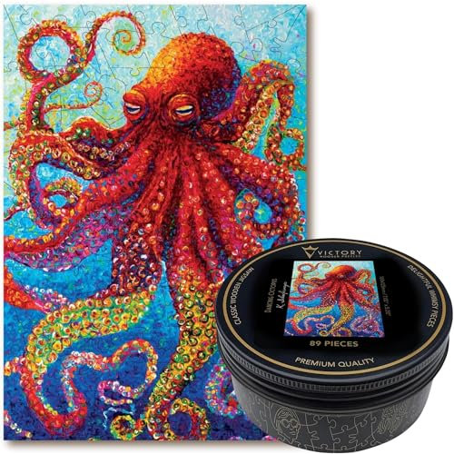 Victory Wooden Puzzles - Dancing Octopus Jigsaw Puzzle for Adults - 89 Pieces. Premium Linden Wood Miniature Animal Jigsaw Puzzle in Metal Storage Tin with Special 'Whimsical' Shaped Pieces.