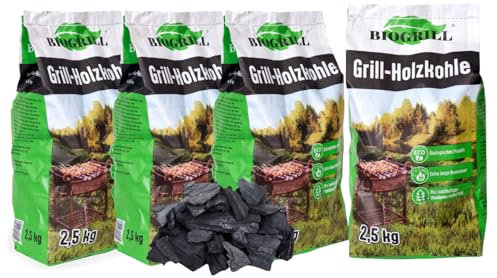 BIOGRILL Grill Holzkohle 2,5 kg aus Buche/Eiche/Esche – BBQ Kohle für Holzkohlegrill, Steakhouse – Premium Qualität, Hartholz Grillkohle für Perfektes Grill, Extra Lange Glut, Charcoal (10 kg)