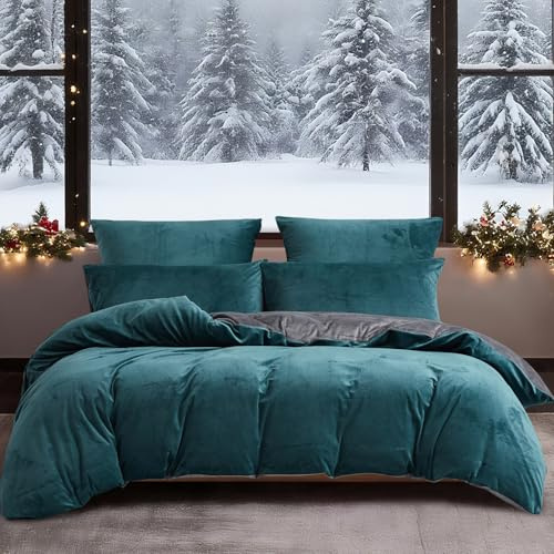YASMENG Winter Bettwäsche 135x200 Petrol Grau Warm Kuschelig Flauschige Bettwäsche Winter Weich Warme Samt Plüsch Fleece Flanell Wendebettwäsche 2 Teilig mit Reißverschluss und 80x80 cm Kissenbezug