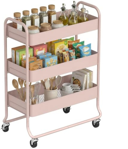 HOMCOM 3-Tier Metal Storage Trolley on Wheels with Mesh Backets Light Pink | Rolling Utility Cart, Mobile Storage Cart, for Kitchen, Bathroom, Bedroom, Living Room