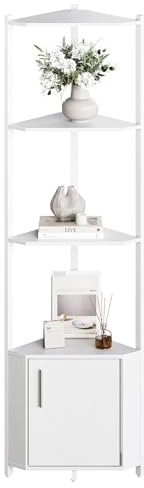AffinityFurn 5 Tier Corner Shelf Stand with Cabinet, Narrow Corner Storage Shelf for Small Space, 58 Tall Triangle Storage Stand, Industrial Silm Display Unit for Living Room,Kitchen, Office, White