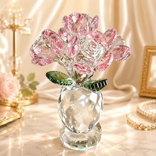 Drawelry Crystal Rose Figurine Ornament, Handmade Crystal Bouquet Flowers Ornament, Crystal Glass Flower Collectible, Home Table Decor Mum Wife Mother's Day Anniversary Timeless Symbol of Love (Pink)