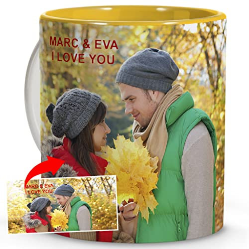 Taza Personalizada con Foto y Texto. Regalos Mujer. Regalos para Mi Novia de Cumpleaños. Regalo Cumpleaños Madre. Regalos con Fotos Personalizadas. Taza Personalizada con Imagen. Interior Amarillo.