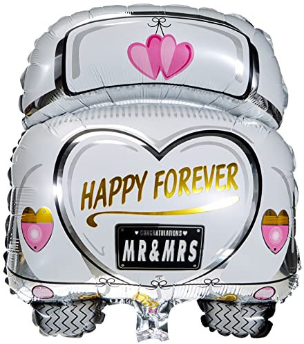 Rayher Folienballon Hochzeitsauto, 49 x 63cm, XXL Ballon für Hochzeiten, nur geeignet für Luftfüllung, Weiß/ Rosa/ Gold, 87016000