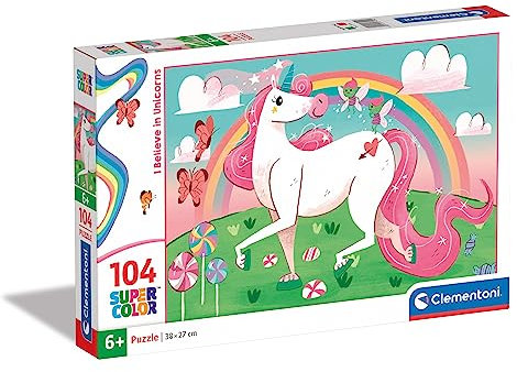 Clementoni 27109 Supercolor Unicorns – Puzzle 104 Teile ab 6 Jahren, buntes Kinderpuzzle mit besonderer Leuchtkraft & Farbintensität, Geschicklichkeitsspiel für Kinder