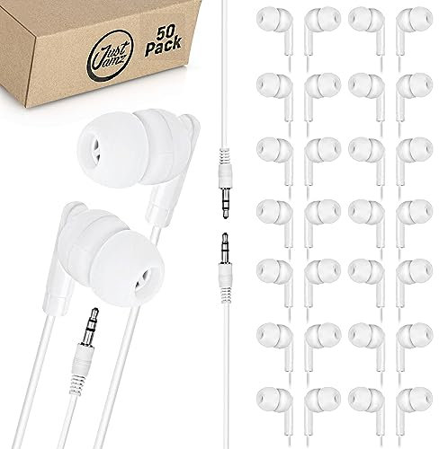 JustJamz Pearl Basic White Headphones 3.5mm Disposable Earphones Bulk Earbuds for Kids and Adults, 50 Pack