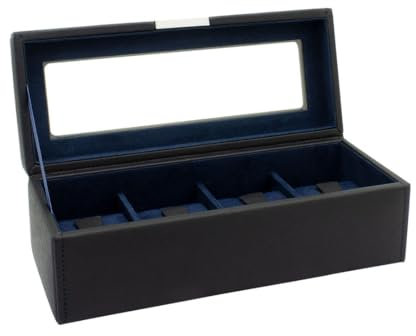 Friedrich23 Uhrenkoffer – Uhrenkasten Cross Grain mit Glasdeckel in schwarz – Platz für 4 Uhren – Feinsynthetik