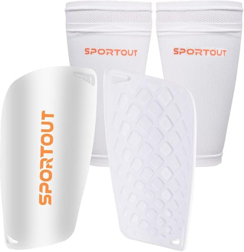 Sportout Erwachsene und Jugend Kinder Fußball Schienbeinschoner,umfassender Schutz für Ihr Bein, mit gepolstertem Knöchelschutz zur Vermeidung von Verletzungen (Weiß, XL)