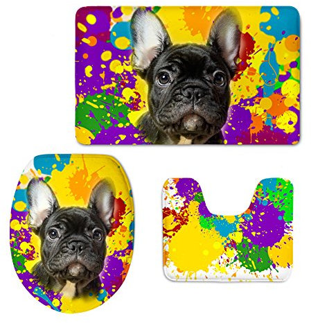 HUGS IDEA Badteppich-Set mit Tiermotiven, Aquarellmalerei, französische Bulldogge, Waschzimmerteppich, Konturmatte, Flanelldeckel-Bezug