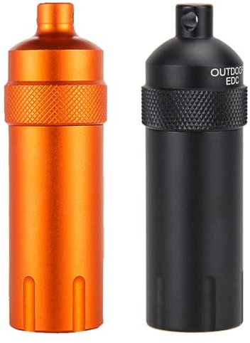 2PCS Portable Pill Case, Waterproof Seal Bottle, Waterproof Pill Holder,Pill Box Metal Small Pocket Survival Capsule Container for Hunting Camping Mountaineering (Pointed Head, Black+Orange)