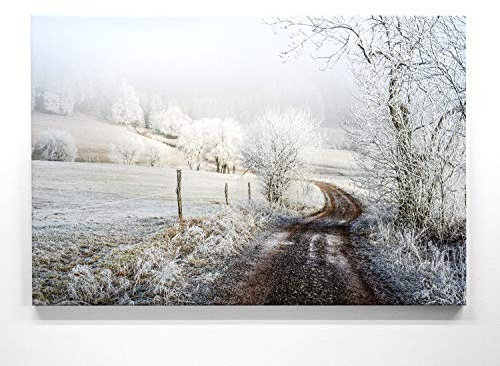 Atemberaubende Winterlandschaft auf Leinwand, Raureifweg - als 120x60cm großes XXL Leinwandbild. Wandbild als Hintergrund und Deko für Wohnzimmer & Schlafzimmer. Aufgespannt auf Holzrahmen