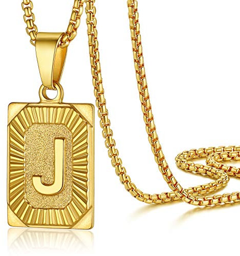 PROSTEEL Damen Buchstabe J Kette 18k vergoldet Viereck Anhänger mit Initiale + 55cm/2mm Venezianierkette Retro Stil Großbuchstaben Modeschmuck für Männer Frauen