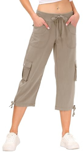 JINSHI Hosen Damen Sommer Cargohose 3/4 Hosen Capri Freizeithose Leicht Jogginghose Wanderhose Outdoorhose mit Cargo Taschen Khaki Größe XS