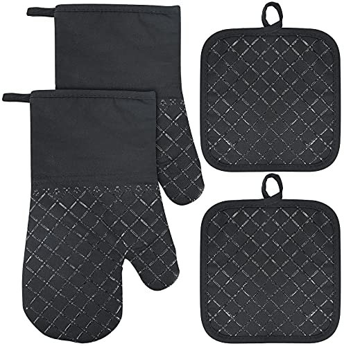 Ofenhandschuhe und Topflappen 4er Set, 300°C Hitzebeständige Topfhandschuhe Anti-Rutsch Ofen Handschuhe, Oven Mitts Küche Backhandschuhe Kochhandschuhe(Schwarz)