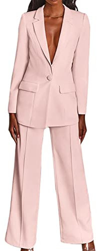 Tailleur 2 Pièces Femme Travail Décontracté Bureau Blazer Un Bouton Pantalon Costumes de Veste Formelle Ensemble Couleur Unie Slim Entreprise Formel Costumes,Rose,M