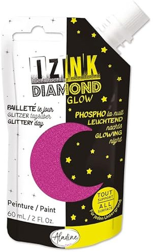 Aladine - Izink Diamond Glow - Pintura con purpurina para el día, fosforescente por la noche - Ultra cubriente, todo soporte - DIY y ocio creativo - Botella flexible de 60 ml - Rosa 82097