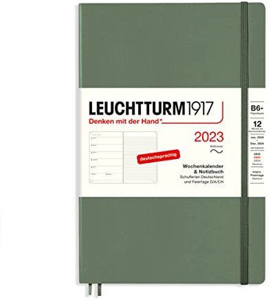 LEUCHTTURM1917 365703 Wochenkalender & Notizbuch Softcover Paperback (B6+) 2023, 12 Monate, Olive, Deutsch