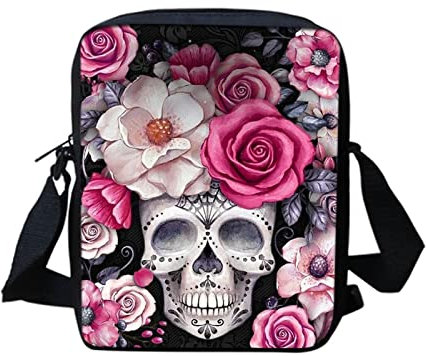 Biyejit Kuriertasche, Umhängetasche, Umhängetasche, Handbgas Sling Sling Satchel mit verstellbaren Trägern, Pink Rose Skull