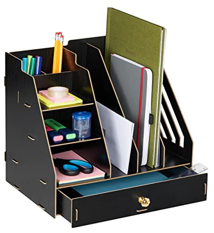 Relaxdays Organiseur bureau, 3 porte-documents, 3 étagères, 2 porte-stylos, 1 tiroir, école, DIY, MDF, noir