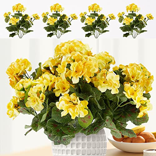 Uqueeten Künstliche Blume, gelbe künstliche Geranien, 4 Stück, Seidenblumen, lebensecht für Innendekoration, Veranda, Fenster, Garten (gelb)