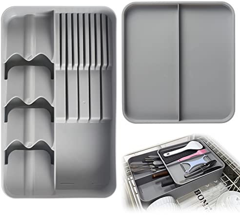 FOGAWA Cutlery Drawer Organiser Plastic Cutlery Tray for Kitchen Drawers Cutlery Organiser Utensil Tray Drawer Organiser Silverware and Flatware Holder for Spoon Fork Knife Double -layer Grey