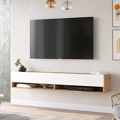 Meuble TV à 2 Portes Meuble de Rangement Design pour Salon avec 2 Espaces de Stockage Panneau de Particules Mélaminé 30 x 180 x 32 cm Effet Chêne Rustique Blanc