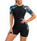 Damen Surfanzug Badeanzug mit Bein Reißverschluss Einteiler Kurzarm Rashguard UPF 50+ Bademode Surfen Schwimmanzug Blumen Bedruckt Bauchweg Sportlich Sonnenschutz Badebekleidung Schwarz + Blau XL