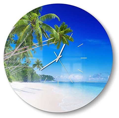 DEQORI Glasuhr | rund Ø 50 cm | Motiv Palmen am Sandstrand | große XXL Design Uhr aus Glas | leise Wanduhr für Wohnzimmer & Küche | Moderne Hingucker Uhr für die Wand