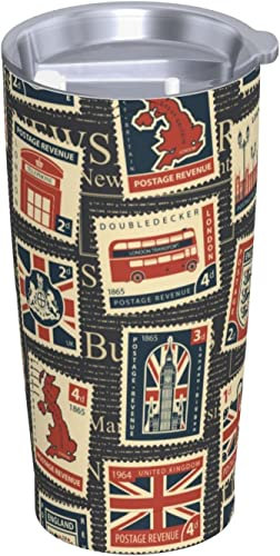 20oz Vacuum Travel Mug Great Britain London Postage Stamps Retro Stainless Steel Tumbler Leakproof with Lid and Straw for Home Office