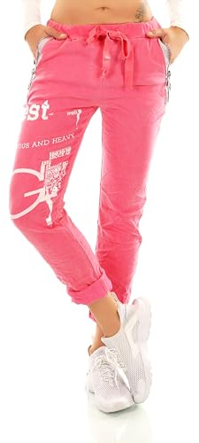 Zeralda Damen Hose Jogpants Baggy Boyfriend Freizeithose Schriftzug Zip Taschen 36-40