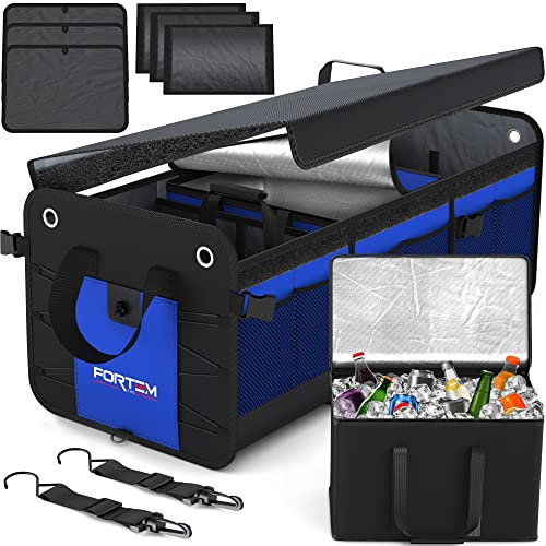 FORTEM Organisateur de Coffre SUV avec Glacière, Sac Rangement Pliable Multi Compartiments, Accessoires Auto Femme Homme, Oxford 1680D, Fond Antidérapant, Sangles Réglables, Couvercle Souple (110L)
