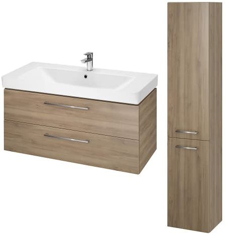 KOLMAN Badezimmer Badmöbel Set Lara Mille Waschtischunterschrank Keramik & Hochhängeschrank 150 cm (Nussbaum, 100)