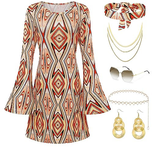 Coucoland 70er Jahre Disco Outfits für Frauen - 60er Jahre Hippie Kleid Kostüm Party Zubehör Set Sonnenbrille Stirnband