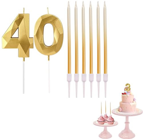 YAAVAAW 40th Birthday Candles Gold Number 40 Candles for Birthday Cake with Gold Long Candles, Gold 40 Candles for Cake Birthday Cake Topper Decorations for Women Men Birthday Party